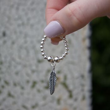 Sterling Silver Ball Bead Ring With Feather, 3 of 7
