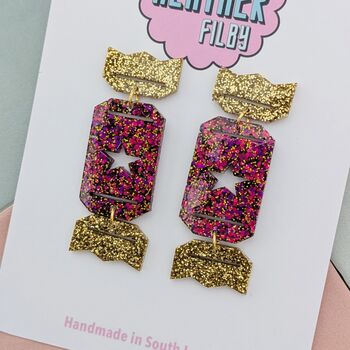 Christmas Cracker Glitzy Glitter Resin Christmas Earrings Red And Gold And Blue And Purple, 3 of 8
