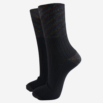 Women's Glitter Socks Folding Cuff Black Rainbow Sparkle, 2 of 5