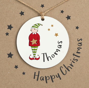 Personalised Elf Tree Decoration Christmas Card, 6 of 6