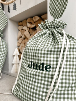 Personalised Green Gingham Gift Sack Embroidered, 9 of 12
