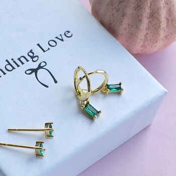 Emerald Baguette Hoop And Stud Earring Set Sterling Silver Gift For Her, 2 of 9