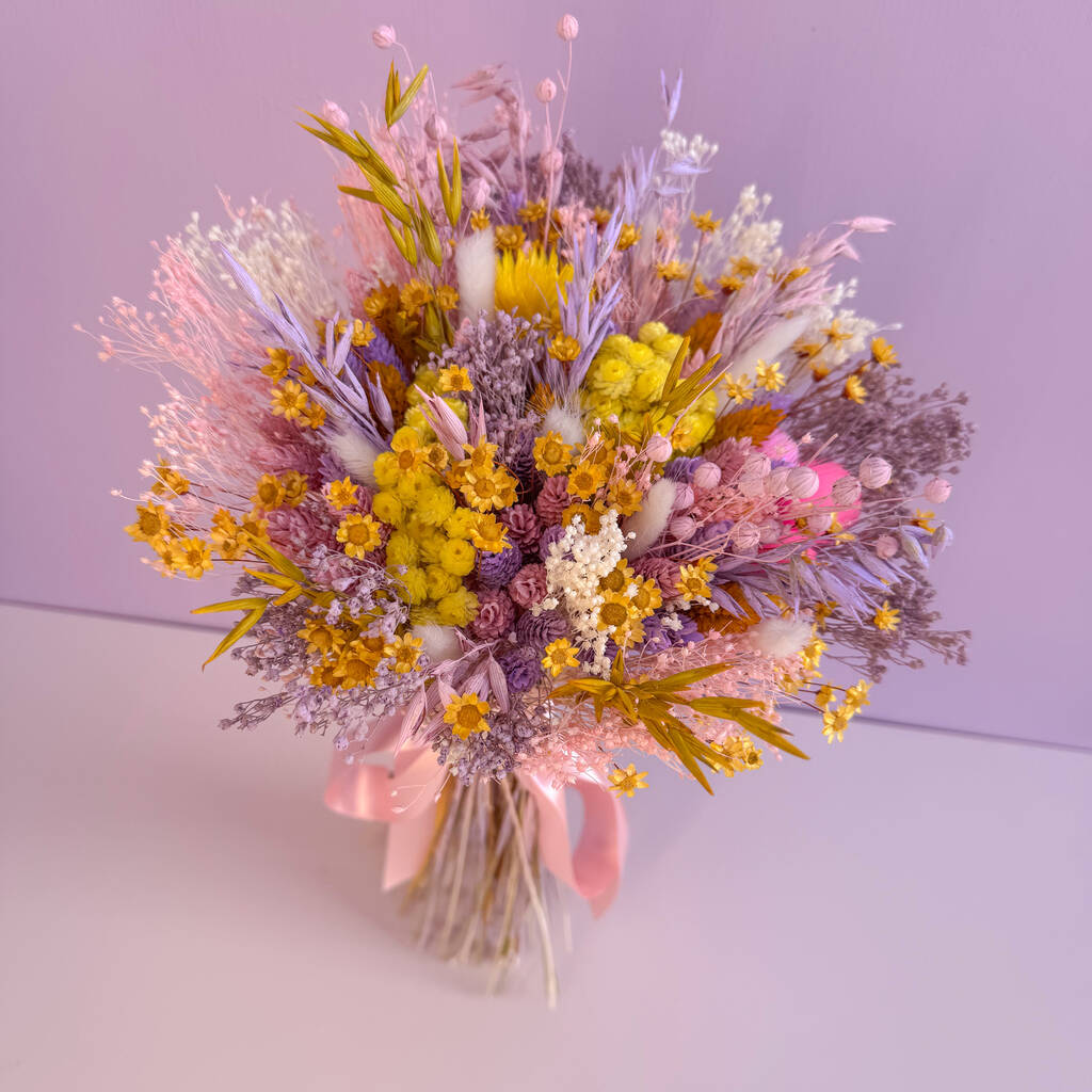 Pastel Dried Flower Bouquet Pink, Yellow And Purple, 1 of 7