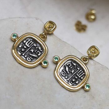 Gold Plated Sterling Silver Hieroglyphics Square Earrings, 7 of 12