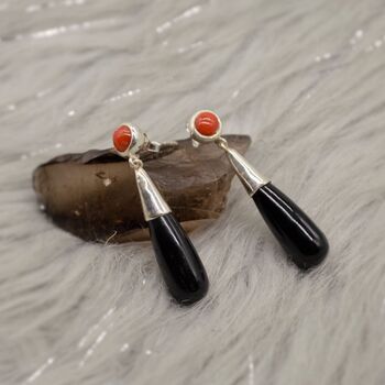 Red Coral, Black Onyx Sterling Silver Dangle Earrings, 3 of 8