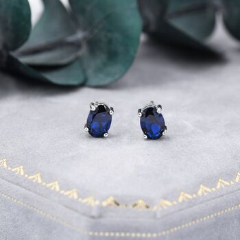Sapphire Blue Oval Cz Stud Earrings In Sterling Silver, 5 of 12