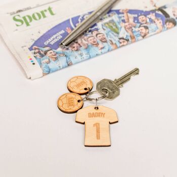 Personalised Wooden Football Sports T Shirt Child Family Tag Keyring, 5 of 6