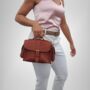 Small Leather Crossbody Satchel Handheld Handbag Caramel Tan Light Brown With Side Pockets, thumbnail 3 of 9