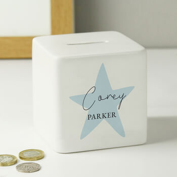 Personalised Blue Star Ceramic Square Money Box, 6 of 6