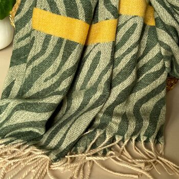 Zebra Print Scarf With Stripe In Green And Mustard, 3 of 3
