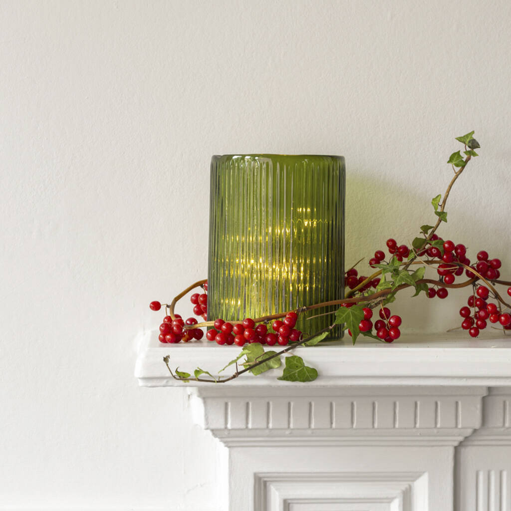 Tall Ribbed Hurricane Green Glass Vintage Candle Holder, 1 of 3