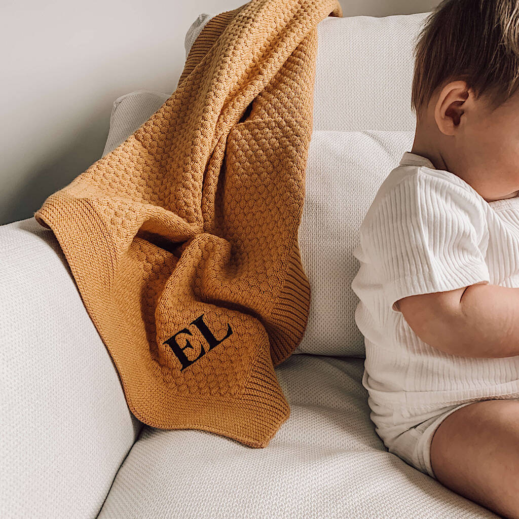 Personalised Mustard Organic Cotton Baby Blanket By Isaac Anthony