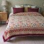 Deep Red, Green And Mustard Floral Indian Block Printed Cotton Bed Quilt, thumbnail 2 of 9