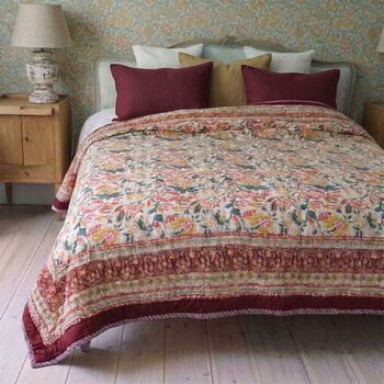 Deep Red, Green And Mustard Floral Indian Block Printed Cotton Bed Quilt, 2 of 9