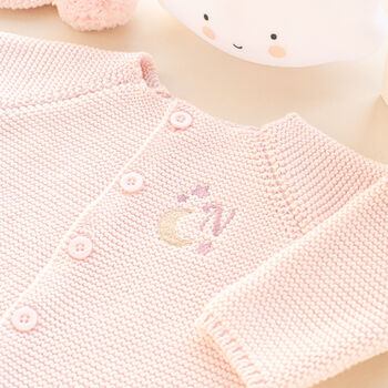 Personalised Pink Baby Girl Cardigan With Moon And Stars Embroidered Initial, 2 of 12
