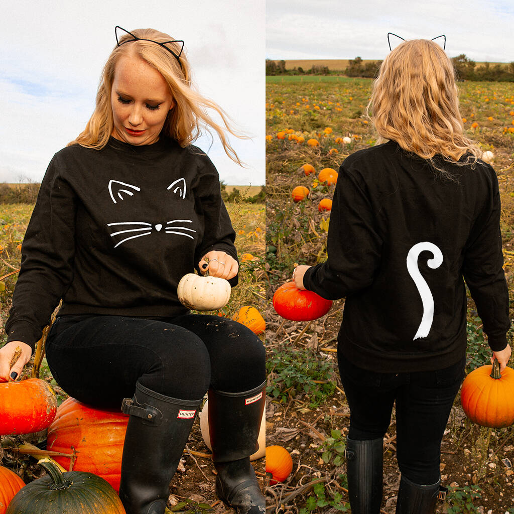 'Cat Face And Tail' Halloween Unisex Sweatshirt Jumper, 1 of 9