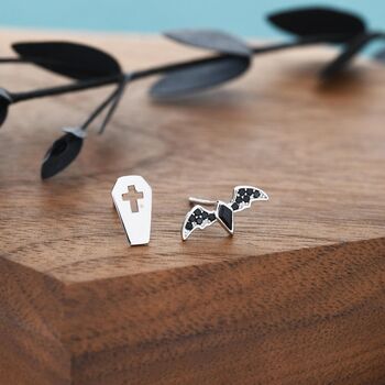 Mismatched Coffin And Bat Stud Earrings In Sterling Silver, 6 of 12
