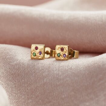 Square Textured Confetti Birthstone Stud Earrings, 2 of 7