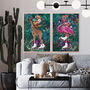 Giraffe Rollerskating In Tropical Flower Jungle Wall Art Print, thumbnail 2 of 6