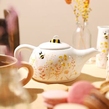 Dusky Pink Floral Bee Ceramic Teapot And Cup Set, 5 of 12