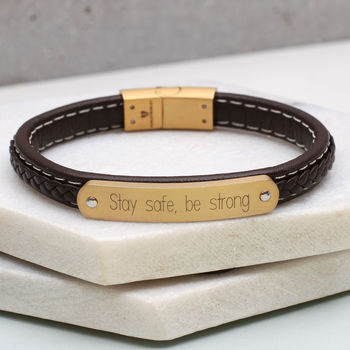 Personalised Mens Leather And Gold Plated ID Bracelet, 2 of 5