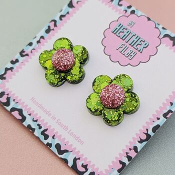 Flower Glitter Resin Stud Earrings Silver, Green And Blue, 11 of 12