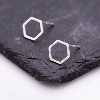 Sterling Silver Minimalist Open Hexagon Stud Earrings, 3 of 12