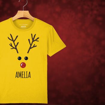 Rudolph The Reindeer Personalised Kids Christmas T Shirt, 6 of 12