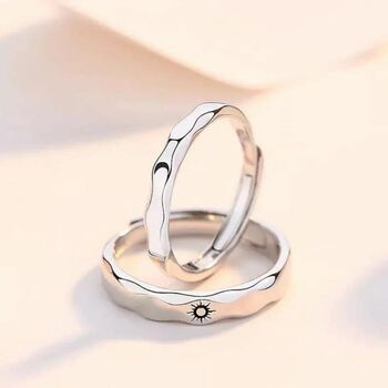 Silver Couple Moon And Sun Promise Wave Ring Set, 2 of 5