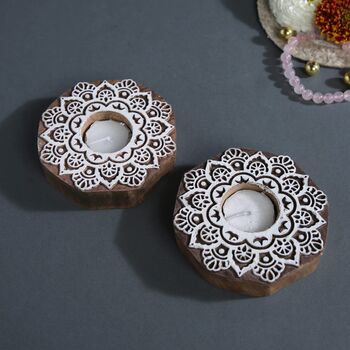 Wooden Flower Tea Light Candle Holder, Set Of Two, 2 of 5