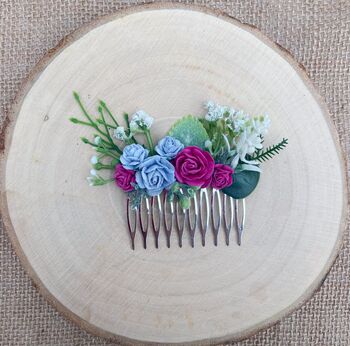 Bright Pink And Dusky Blue Flower Hair Comb, 4 of 6