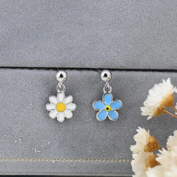 Mismatched Enamel Daisy And Forget Me Not Flower Drop Stud Earrings In Sterling Silver, 3 of 11