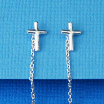 Gender Neutral Sterling Silver Cross Threader Earrings, 2 of 6