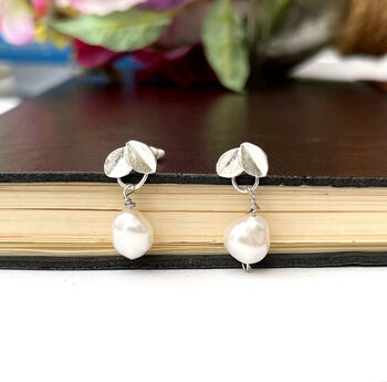 Sterling Silver Leaf And Pearl Earrings, 5 of 11