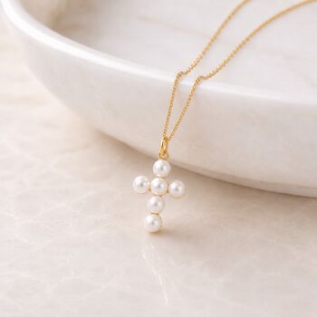 Tiny Personalised Gold Plated Sterling Silver Pearl Cross Necklace, 3 of 8