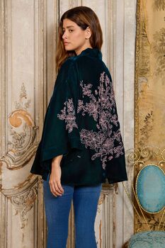 Wild Flowers And Butterflies Teal And Pink Velvet Embroidered Short Kimono, 3 of 10