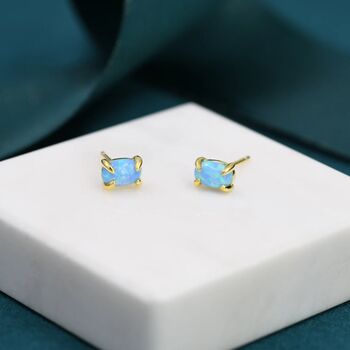 Blue Opal Oval Stud Earrings In Sterling Silver, 4 of 12