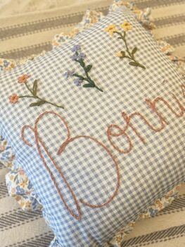 Personalised Embroidered Cushion Pink Ditsy Floral With Ruffle Trim, 3 of 3