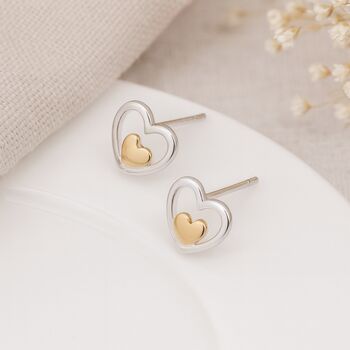 Sterling Silver And Gold Plated Double Heart Stud Earrings – 9mm, 5 of 9