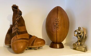 Leather Vintage Style Rugby Ball With Wooden Stand, 2 of 2