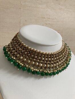 Indian Gold Plated Emerald Green Pearl Choker Set, 5 of 8