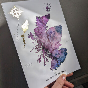 Scotland Watercolour Map With Outer Hebrides In Gold, 4 of 6