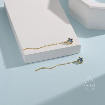 Aquamarine Blue Star Bezel Cz Crystal Threader Earrings, 7 of 10