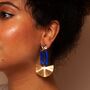 Inez – Blue And Gold Fan Art Deco Acrylic Statement Dangle Earrings, thumbnail 1 of 6