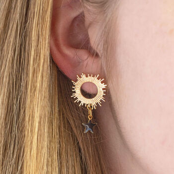 Sun Earrings With Black Enamel Star Drop, 7 of 7