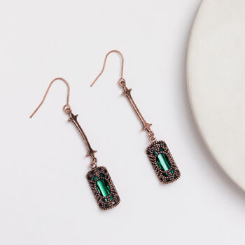 Antique Bronze And Emerald Green Stone Drop Earrings, 2 of 3