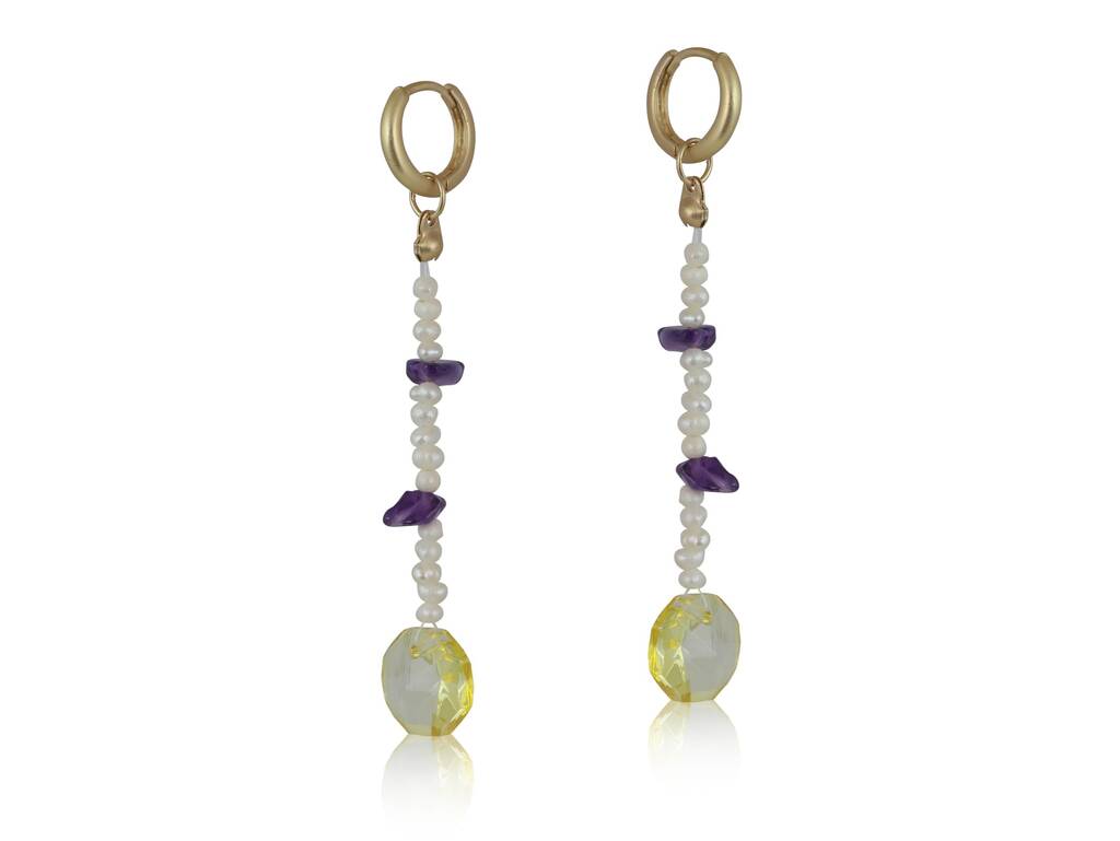 Yellow Beaded Pearl Drop Hoop Earrings By Heliotique