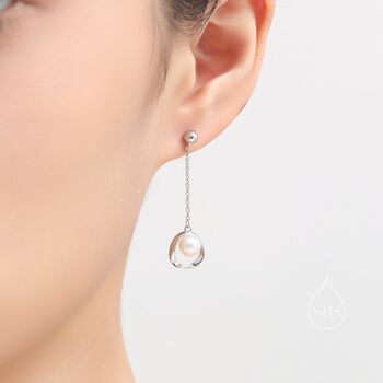 Genuine Pearl And Mobius Circle Long Drop Earrings, 2 of 10