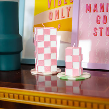 Chunky Pillar Candle In Pink Check, 4 of 5