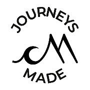 Black text saying Journeys Made with a wave and mountain in the centre as the icon